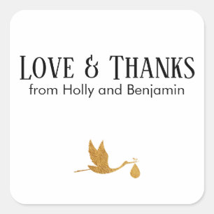 Simple Faux Gold Stork Love & Thanks Baby Shower Square Sticker