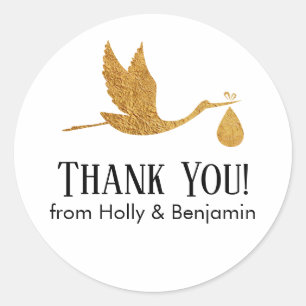 Simple Faux Gold Stork Thank You! Baby Shower Classic Round Sticker