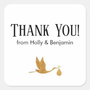 Simple Faux Gold Stork Thank You! Baby Shower Square Sticker