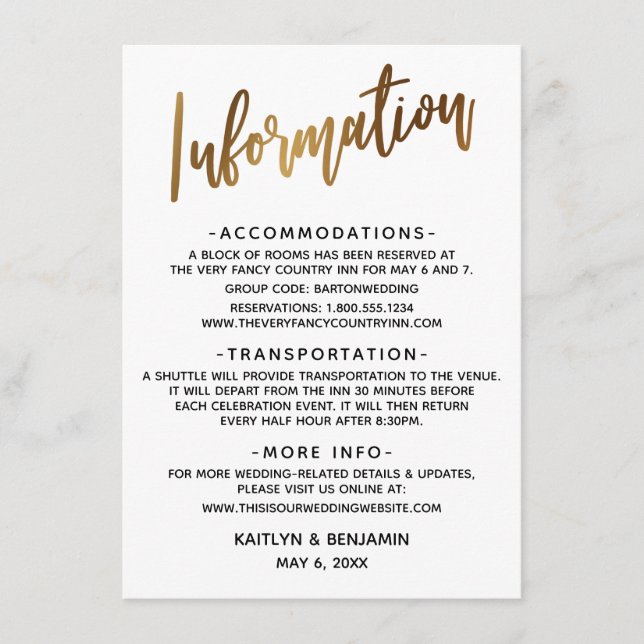 Simple Faux Gold Typography Wedding Information Enclosure Card (Front)