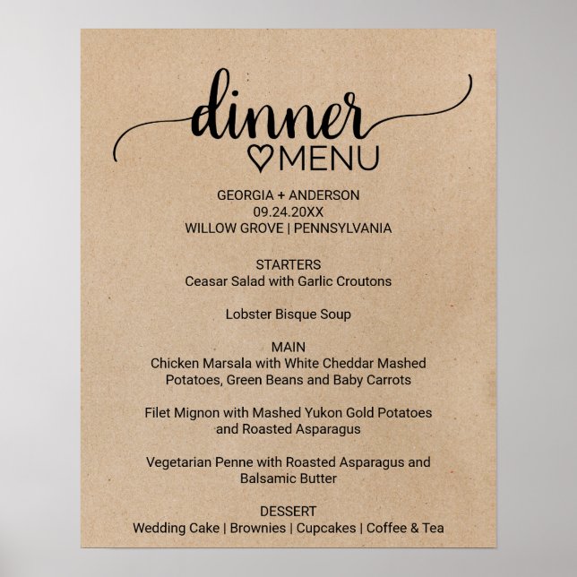 Simple Faux Kraft Calligraphy Dinner Menu Sign (Front)