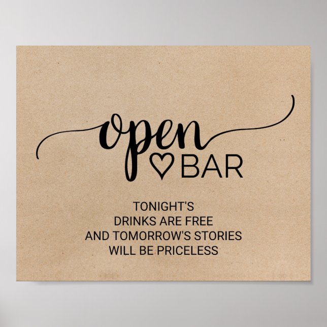 Simple Faux Kraft Calligraphy Open Bar Sign (Front)