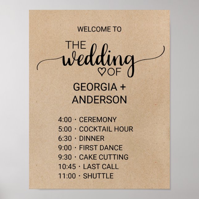 Simple Faux Kraft Calligraphy Order of Events Poster (Front)