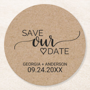Simple Faux Kraft Calligraphy Save Our Date Round Paper Coaster