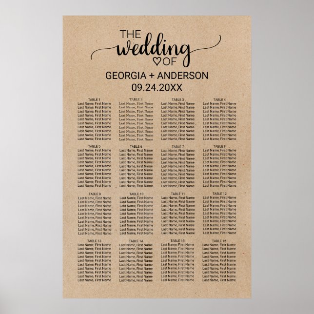 Simple Faux Kraft Calligraphy Seating Chart (Front)