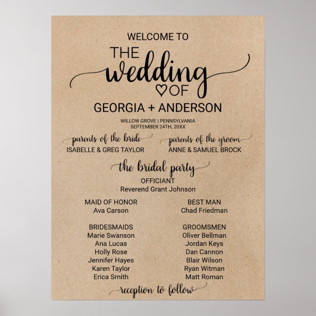 Simple Faux Kraft Calligraphy Wedding Program Poster (Front)