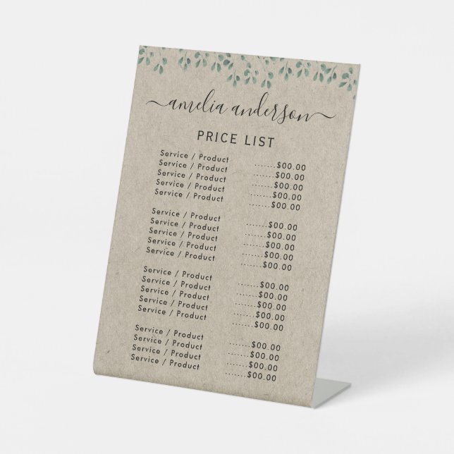 Simple Faux Kraft Greenery Price List Menu Pedestal Sign (Front)