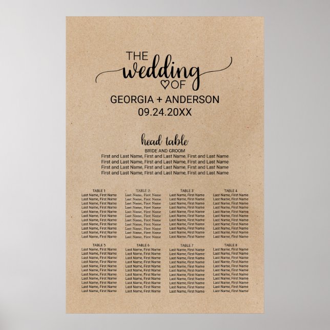 Simple Faux Kraft Head Table Wedding Seating Chart (Front)