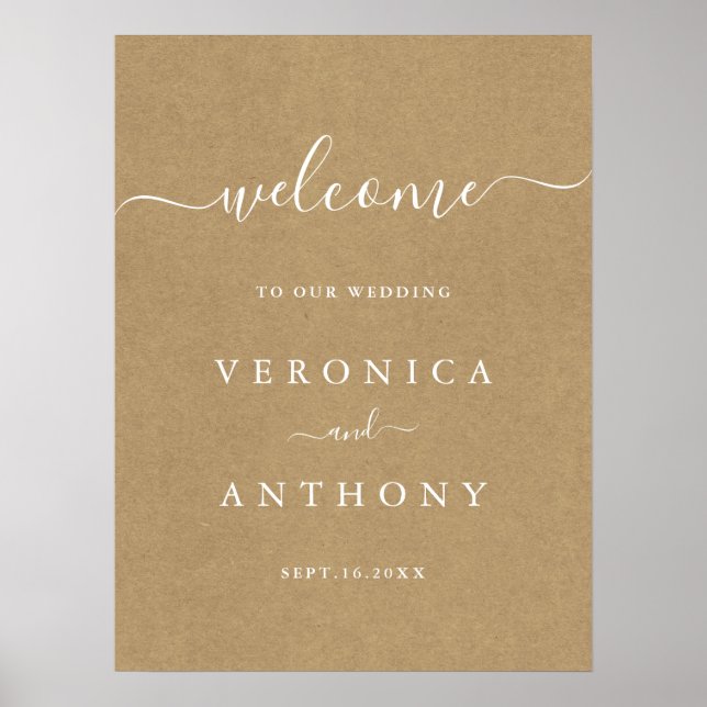 Simple Faux Rustic Kraft Wedding Welcome Sign (Front)