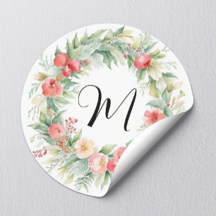 Simple Feminine Floral Wreath Monogram Watercolor Classic Round Sticker