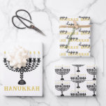 Simple Festival of Lights Menorah Hanukkah Wrapping Paper Sheet<br><div class="desc">These simple and elegant wrapping paper sheets feature a black and white floral menorah with Hanukkah text that is customisable. Click the personalise button to customise the text in this design. These items coordinate with our other items in the collection. Perfect for using during the Hanukkah season and wrapping gifts...</div>