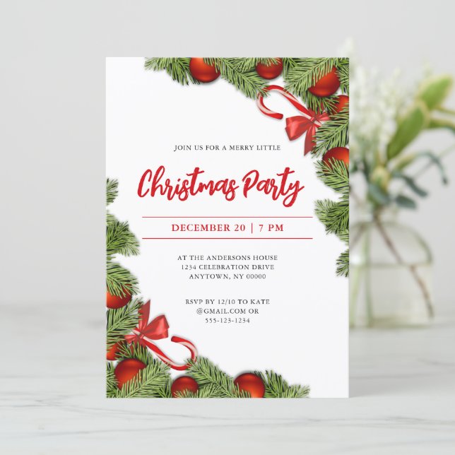 Simple Festive Baubles Christmas Party Invitation (Standing Front)
