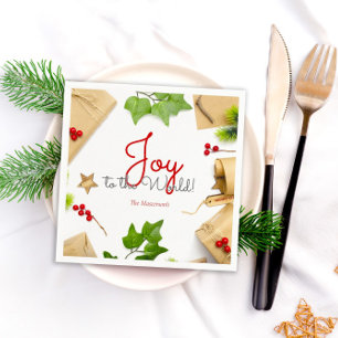 Simple Festive Christmas Joy to the World Wreath Napkin