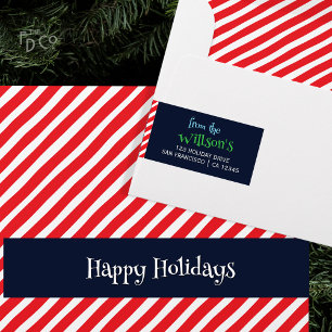 Simple Festive Fun! Dark Blue Candy Cane Stripe Wrap Around Label