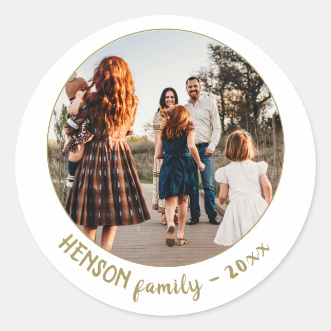 Simple Festive Golden Christmas Family Photo Classic Round Sticker (Front)