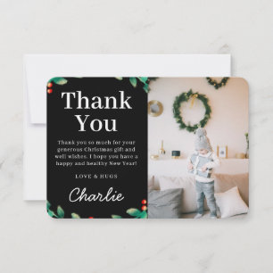 Simple Festive Holly Christmas Photo   Red Thank You Card