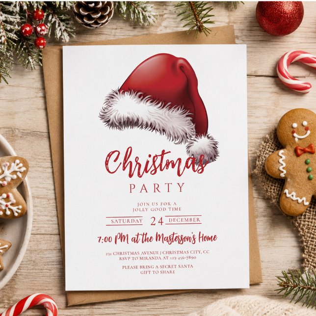 Simple Festive Santa Hat Christmas Party Invitation (Simple Festive Santa Hat Christmas Party Invitation)