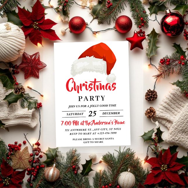 Simple Festive Santa Hat Christmas Party Invitation (Creator Uploaded)