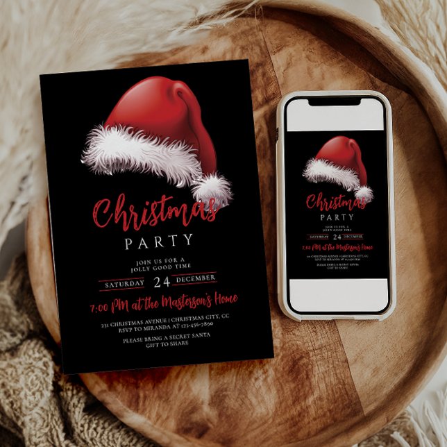 Simple Festive Santa Hat Christmas Party Invitation (Creator Uploaded)