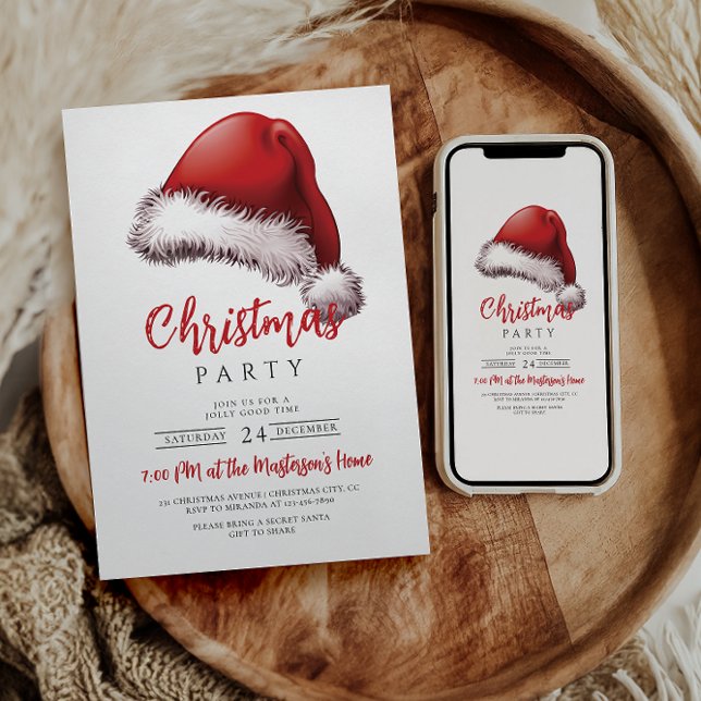 Simple Festive Santa Hat Christmas Party Invitation (Creator Uploaded)
