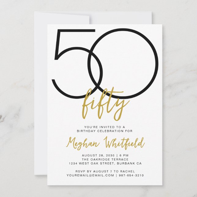 Simple Fiftieth Gold Script 50th Birthday Party Invitation (Front)