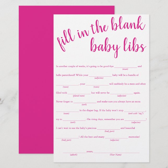 Simple Fill in the Blanks | Hot Pink Shower Game (Front/Back)