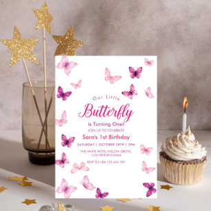 Simple First 1st Birthday Purple Butterflies Party Invitation