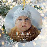 Simple First Christmas Baby Photo Ceramic Tree Decoration<br><div class="desc">Simple My First Christmas Baby Photo Ceramic Ornament is a stylish modern holiday ornament with baby's name featured in classic typography in white over your full size photograph.</div>