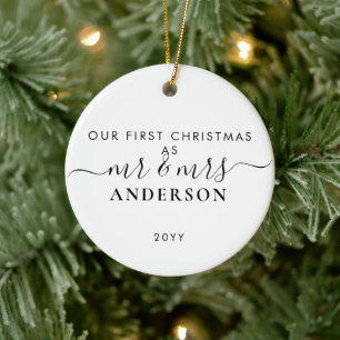 Simple First Christmas Married Mr and Mrs Photo Ceramic Tree Decoration