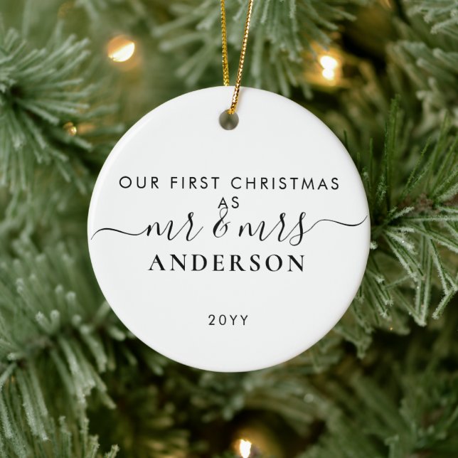 Simple First Christmas Married Mr and Mrs Photo Ceramic Tree Decoration (Tree)