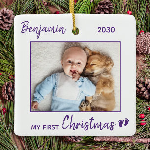 Simple First Christmas Minimalist Cute Baby Photo Ceramic Ornament