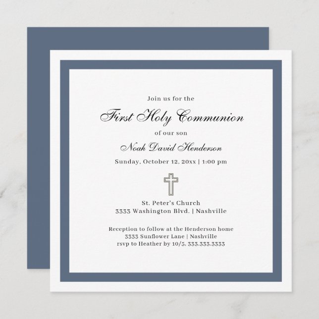 Simple First Holy Communion Blue White Invitation (Front/Back)