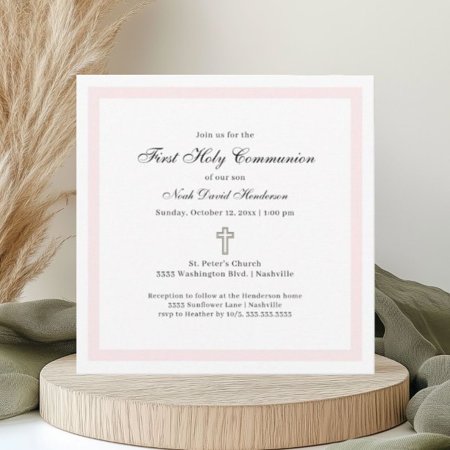 Simple First Holy Communion Pink White Invitation (Creator Uploaded)