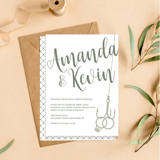 Simple Fishing Hook Wedding Rings Sage Moss Green Invitation (Creator Uploaded)