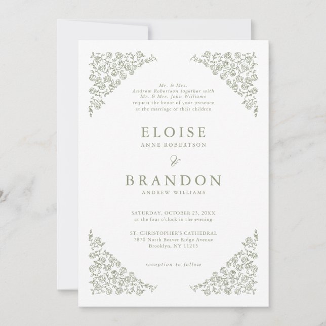 Simple Floral All in one Detail Sage Green Wedding Invitation (Front)