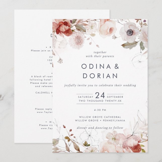 Simple Floral All In One Wedding Invitation (Front/Back)