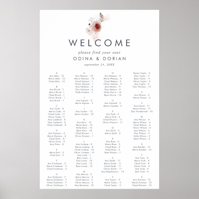 Simple Floral Alphabetical Wedding Seating Chart (Front)