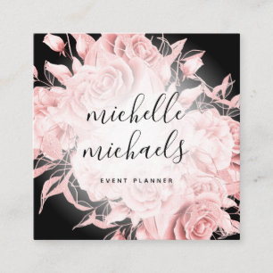 Simple Floral Black & Rose Gold Modern Script  Square Business Card
