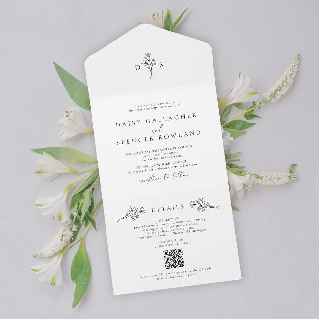 Simple Floral Black & White with QR RSVP Wedding All In One Invitation (Creator Uploaded)