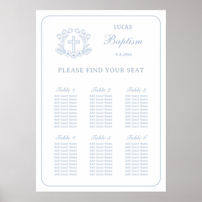 Simple Floral Blue Cross Baptism Seating Chart (Front)