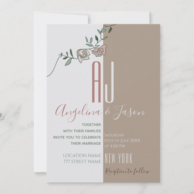 Simple Floral Blush Pink Green Terracotta Wedding Invitation (Front)