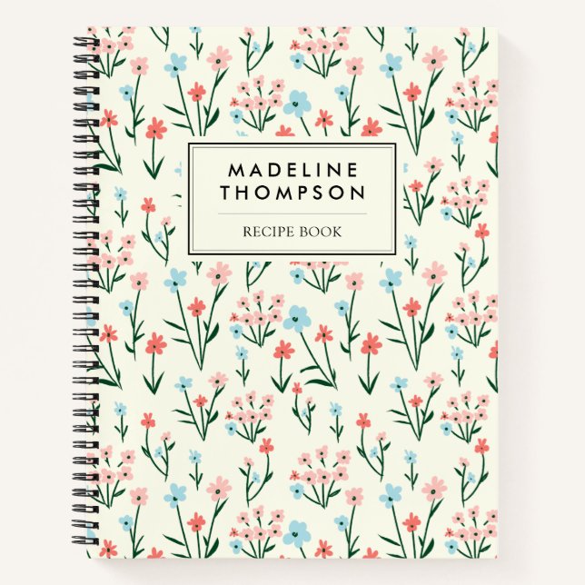 Simple Floral Botanical Pink Blue Flower Recipe Notebook (Front)