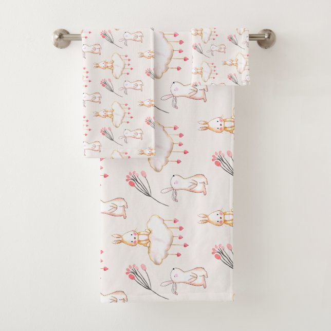 Simple Floral Bunny Pattern Easter | Towel Set (Insitu)