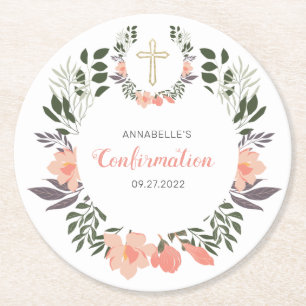Simple Floral Confirmation Party  Round Paper Coaster
