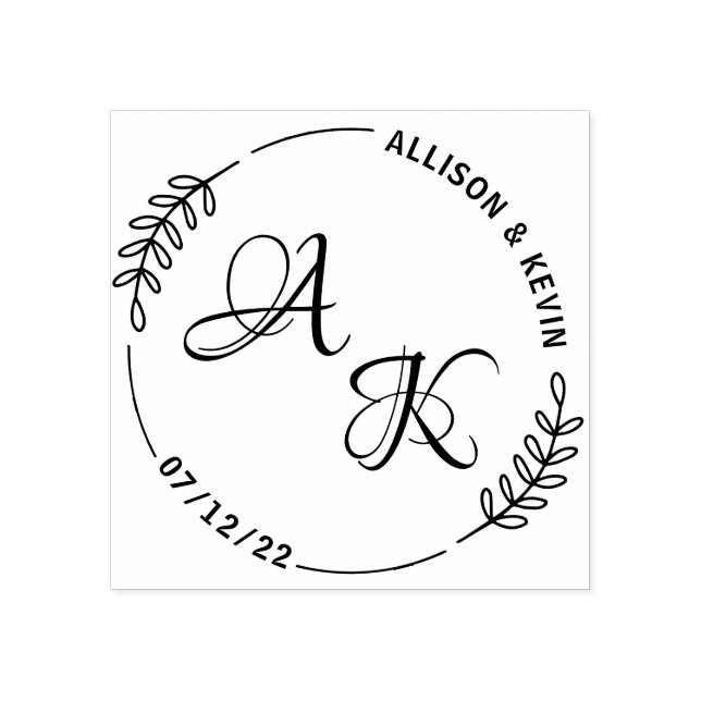 Simple Floral Couple Monogram Wedding Rubber Stamp (Imprint)