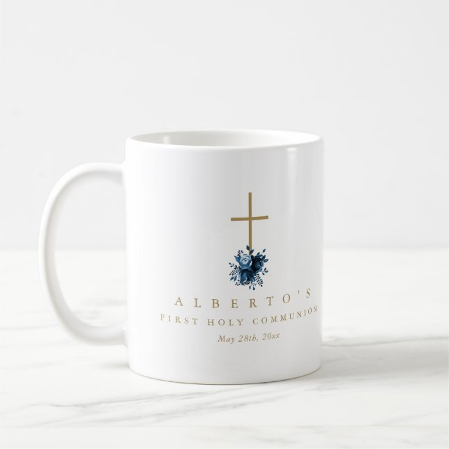 Simple Floral Cross Catholic First Communion Photo Coffee Mug (Left)