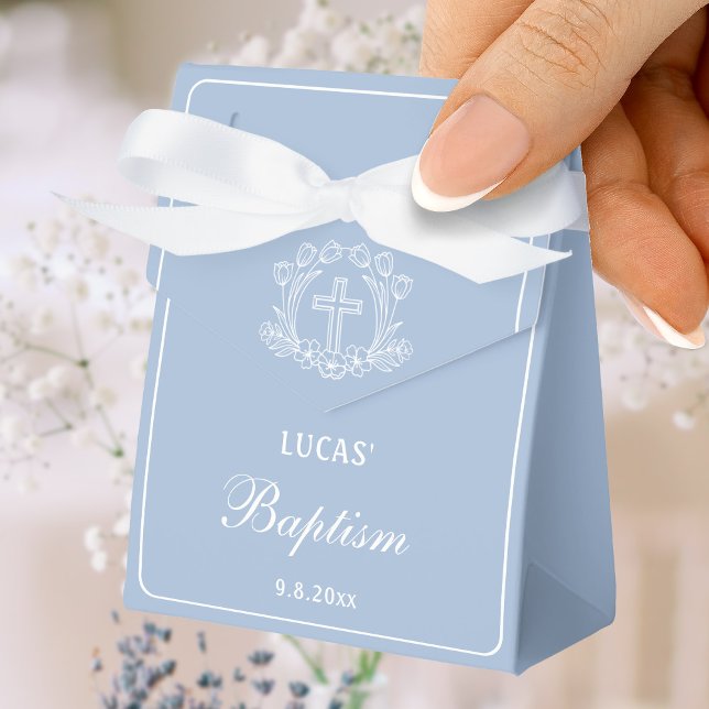 Simple Floral Cross Light Blue Baptism Small Tent Favour Box (Creator Uploaded)