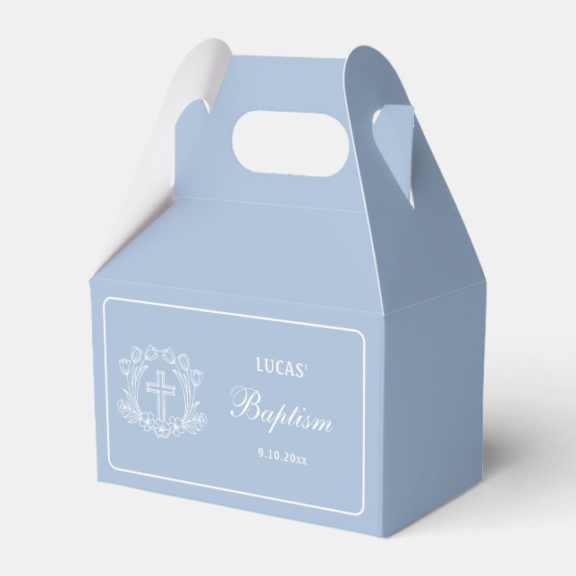 Simple Floral Cross on Light Blue Baptism Favour Box (Front Side)