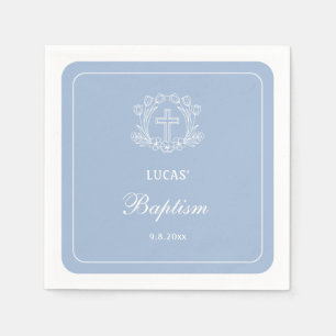 Simple Floral Cross on Light Blue Baptism Napkin