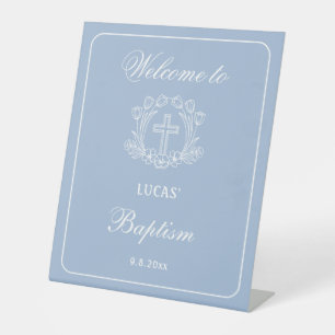 Simple Floral Cross on Light Blue Baptism Welcome Pedestal Sign